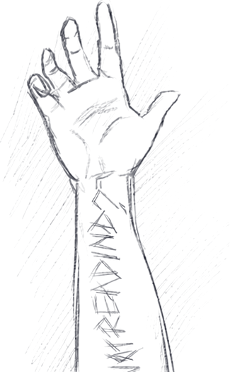 Hand-drawn raised forearm marked with the words “not ready”