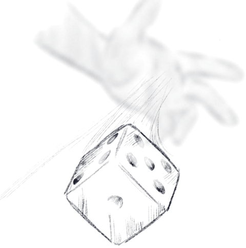 Hand-drawn die tumbling from an open hand