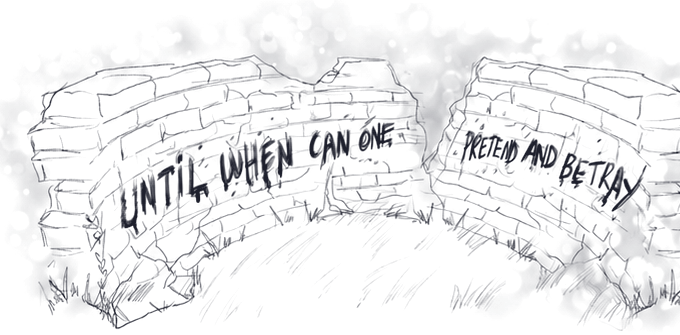 Hand-drawn crumbling wall bearing the words “until when can one pretend and betray”